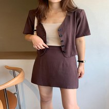 여자 시원한 린넨 여름 무지 반팔 자켓 스커트 세트