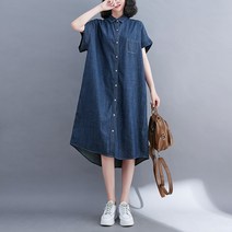 아이엠몽 여성 데님 청 원피스 카라넥 반팔 루즈핏 빅사이즈 캐주얼 데일리 BC207050IA