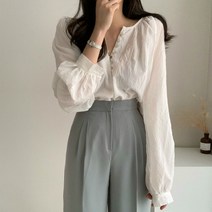 캐주얼 루즈 긴팔 여성 셔츠 랜턴 슬리브 단색 블라우스 버튼 화이트 블랙 상의 12359