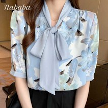 나바바 NB686 여성 청순 러블리 플라워 리본 반팔 블라우스