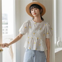 AURORNG 여름 자수 벌룬 반팔 셔츠