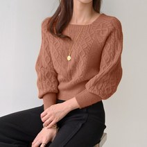 데일리앤 넬리 여성 스퀘어넥 꽈배기 크롭 퍼프 니트