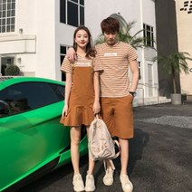 신혼여행 커플룩 허니문 원피스 커플티 휴양지 바캉스 시밀러룩 다른 커플 의상 ins 슈퍼 핫 어 스트라이프 반팔 티셔츠 여성 스트랩 스커트 투피스 슈트 학생 클래스 옷