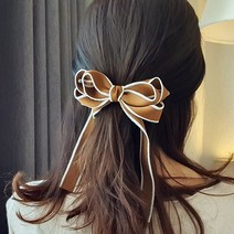 소공녀 롱리본 머리핀+머리끈 2개 세트 골프리본핀 헤어 악세사리, 브라운 Brown