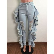 긴 데님 팬츠 하이 웨이스트 찢어진 진 여성용 사이드 프릴 포켓 지퍼 스트레치 스키니 진 패션