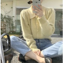 여자 크롭 카라 배색 숏 앙고라 니트 가디건 파스텔 퍼프 셔링 옐로우 3컬러
