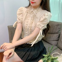 프렌치 레이스 블라우스 셔링 퍼프 반팔 셔츠