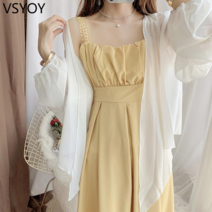 vsyoy 화이트 쉬폰 셔츠 긴팔 여성용 선 스크린 의류 슬립 스커트 숙녀 드레스 패션 세련된 연령 감소 투피스 스커트
