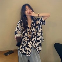 에브리바레 [셔츠] S-4XL 어빌리 나염 물결 루즈핏 카라넥 여성 빅사이즈 오버핏 여름 반팔 하와이안셔츠 여행룩 나들이룩