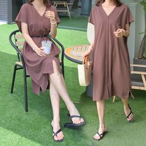데일리앤 하로 여름 루즈핏 브이넥 반팔 벨트 세트 롱원피스