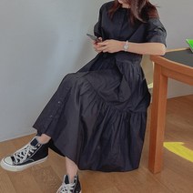 로로텐 캉캉 반팔 롱 원피스 퍼프소매 라운드넥 셔링 A라인 빅사이즈