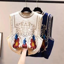 클론 가을 여성 긴팔 니트 여성용 빈티지 플라워 패턴 오버사이즈 조끼 캐주얼 루즈 넥 민소매 상의 올매치 풀오버 스웨터