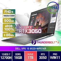 델 XPS 15 9520-WP01KR 게이밍 노트북 코어i7 RTX3050 플래티넘실버 윈도우11프로, DELL XPS 15 9520-WP01KR, WIN11 Pro, 16GB, 1TB, 플래티넘 실버