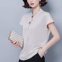 알리팡(Alipang) 봄 여름 중년 여성 상의 반팔 반소매 카라넥 차이나카라 롱셔츠 빅사이즈 넉넉한 쉬폰 블라우스 카라블라우스 헨리넥 캡소매