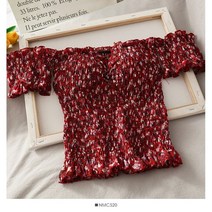 진주 일기 여성 disty 꽃 탑 오프 숄더 자르기 탑 smocked 꽃 프린트 빈티지 탑 ruched elastic skinny top for women