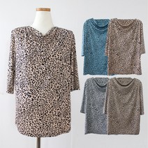 지오벤투 여성 호피무늬 터틀넥 7부 티셔츠 여름 레오파드 반팔티