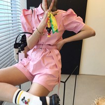 오즈 포켓 카라 벨트세트 퍼프 반팔 린넨점프수트 (3color)