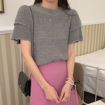 헤즈 레이스 캉캉 소매 펀칭 포인트 라운드넥 반팔 여름 니트