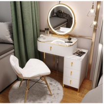 북유럽 모던 화장대세트 LED 거울 원룸 여자친구선물 파우더룸 이케아화장대 서랍장, 60cm, 가죽의자+LED스마트거울, 화이트+그레이