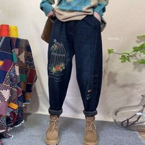 마마제이 중년여성옷 새장 꽃 자수 기모 스판 배기 청바지 50대 엄마옷 마담 빅사이즈