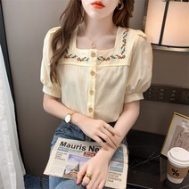 HQINT 자수 꽃면 셔츠 2022 새로운 일본 달콤한 시대 축소 광장 칼라 얇은 소녀 탑 ZA-244921