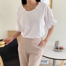 네쥬 여성 라운드 레이스 카라 예쁜 반팔 티셔츠
