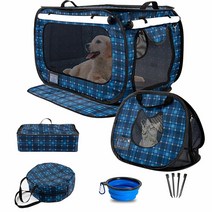 PORAYHUT 팝업 고양이 케이지 5피스 세트 휴대용 캐리어가 있는 대형 켄넬 소프트 크레이트 잠금 지퍼가 접이식 여행용 작은 상자 콘도 반려동물 매트리스 및 말뚝 4개, Black & Blue Set