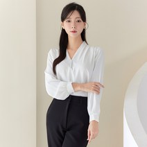 V넥 긴팔 진주 셔링 쉬폰 블라우스 하객룩 핀턱 정장 셔츠 [레오피]