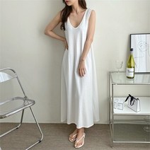 셀러허브 여성패션 여자 슬리브리스 롱 클래식 유넥 깊이 드레스