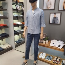 바쏘옴므 스카이 블루 린넨 차이나 칠부 셔츠 캐주얼 남방 WSU2TA18A -3990