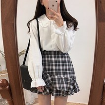 리본블라우스 셔츠 긴 플레 소매 피터팬 칼라 프레피 스위트 십대 레저 시크 레트로