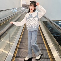 슈슈아리 에쉬 그레이 조끼 3종세트 주니어아동복 여아 초등학생 상하복 블라우스 조끼 청바지 데일리룩