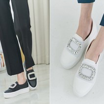 런슈즈 국내제작 사각 보석 큐빅 키높이 슬립온 스니커즈 4cm