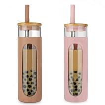 정품 텀블러 Tronco 대나무 뚜껑과 빨대가 있는 767.1g(26온스) 유리 텀블러 보바 아이스 커피 스무디용 컵 실리콘 보호 슬리브가 흘림 방지 물병 식기세척기 사용, 26oz, Coffee/Pink-2 Pack
