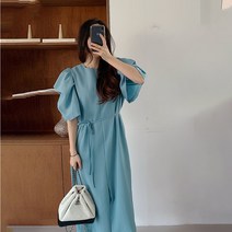 미미앤느 라운드넥 빅 퍼프 셔링 린넨 롱원피스 MM3425