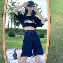 여성 5부 데님 팬츠 a라인 와이드 슬림해 보이는 5부 미디 팬츠