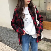여학생코트 체크남방 여성 긴 소매 봄가을 핏아우터 상의 디자인감각 보이핏 볼륨 와이셔츠 3522610872