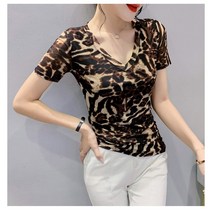 미미투 BT1800 여성 호피반팔티 타이트핏 브이넥티셔츠 쫄티
