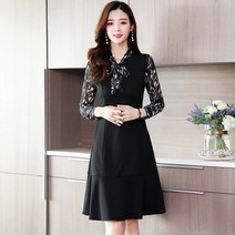 블랙브이넥원피스 봄 키 작은 사람 중년 여성 엄마 이너 뚱뚱한 뱃살가리기 적합 뚱보 입다 1978893309