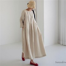 Sunsdew 여성 빅사이즈 루즈핏 린넨 원피스 라운드 무릎 오버슬립
