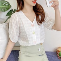 여성 러블리 브이넥 노카라 파스텔 반팔 블라우스 프릴블라우스
