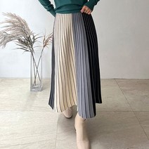 네모엔룩 줄라인배색 스트라이프 패턴 짜임 허리밴딩 플리츠 니트 롱 스커트