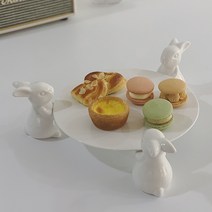 토끼 1단 플레이팅 케이크 스탠드 디저트 트레이 도자기 카페접시, 3토끼+원형접시 소(21cm)