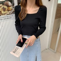 [이신]신상핫 이른 가을 스퀘어 칼라 우아한 버블 긴팔 티셔츠 2021 새로운 한국어 스타일 짧은 모든 일치 스트라이프 니트 탑 여성