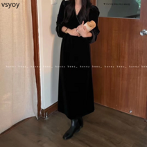 VSYOY 가을 2023 새로운 블랙 벨벳 원피스 드레스 타이트 허리 슬리밍 레이스 업 긴팔 우아한 패션 드레스