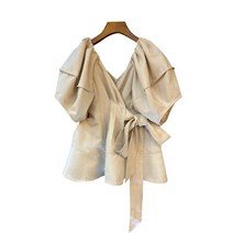 골드카키 화이트 소라 레이어드 반팔소매 브이넥 랩블라우스 리본끈 펜트하우스 럭셔리코디