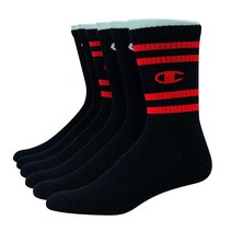 Champion 남성용 더블 드라이 로고 양말 블랙 크루 C 6개 수분 흡수 118864, 6-12, Black With Stripes (6 Pack)