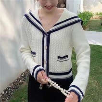 스웨터 여성 네이비 칼라 새로운 게으른 바람 짧은 나이 감소 대학 복고풍 대비 슬림 스트라이프 니트 블라우스