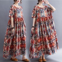 중년 여성 빅사이즈 여름 라운드넥 루즈핏 반팔 나염 롱 원피스 홈웨어 홈드레스 휴양지 엄마옷 마담옷 미시옷 아줌마옷