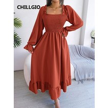 CHILLGIO-시크한 보헤미안 주름 장식 긴 소매 프릴 맥시 드레스 여성용 스퀘어 칼라 a-라인 봄 가을